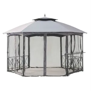 13Ft x 14Ft Hexagon Gazebo Canopy with Bar Shelf and Mosquito Netting