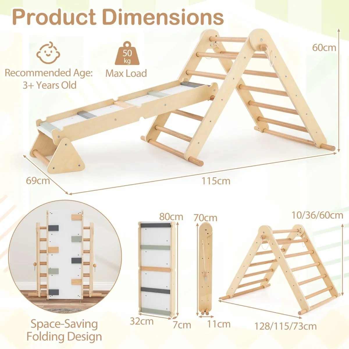 4-in-1 Folding Pikler Triangle Set with 2-Sided Ramp | Climb, Slide, Hide & Crawl | 3 Years  