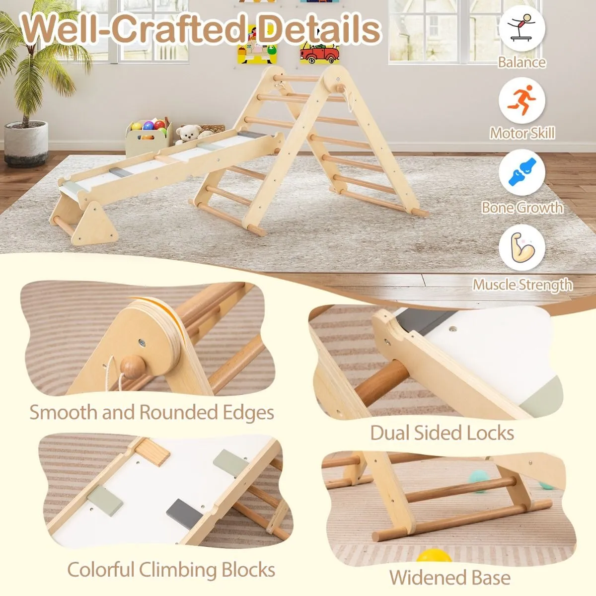4-in-1 Folding Pikler Triangle Set with 2-Sided Ramp | Climb, Slide, Hide & Crawl | 3 Years  