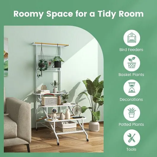 4-Tier Hanging Plant Stand with Hanging Bar - Color: White
