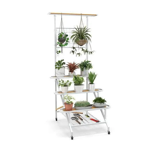 4-Tier Hanging Plant Stand with Hanging Bar - Color: White