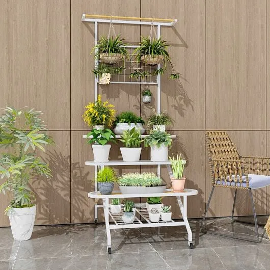 4-Tier Hanging Plant Stand with Hanging Bar - Color: White