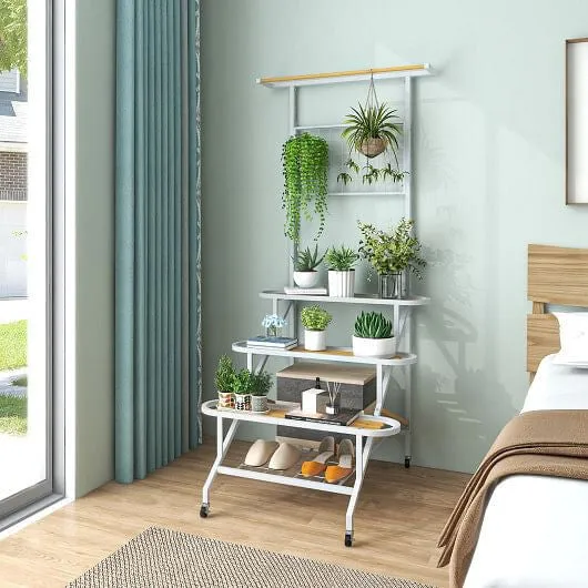 4-Tier Hanging Plant Stand with Hanging Bar - Color: White