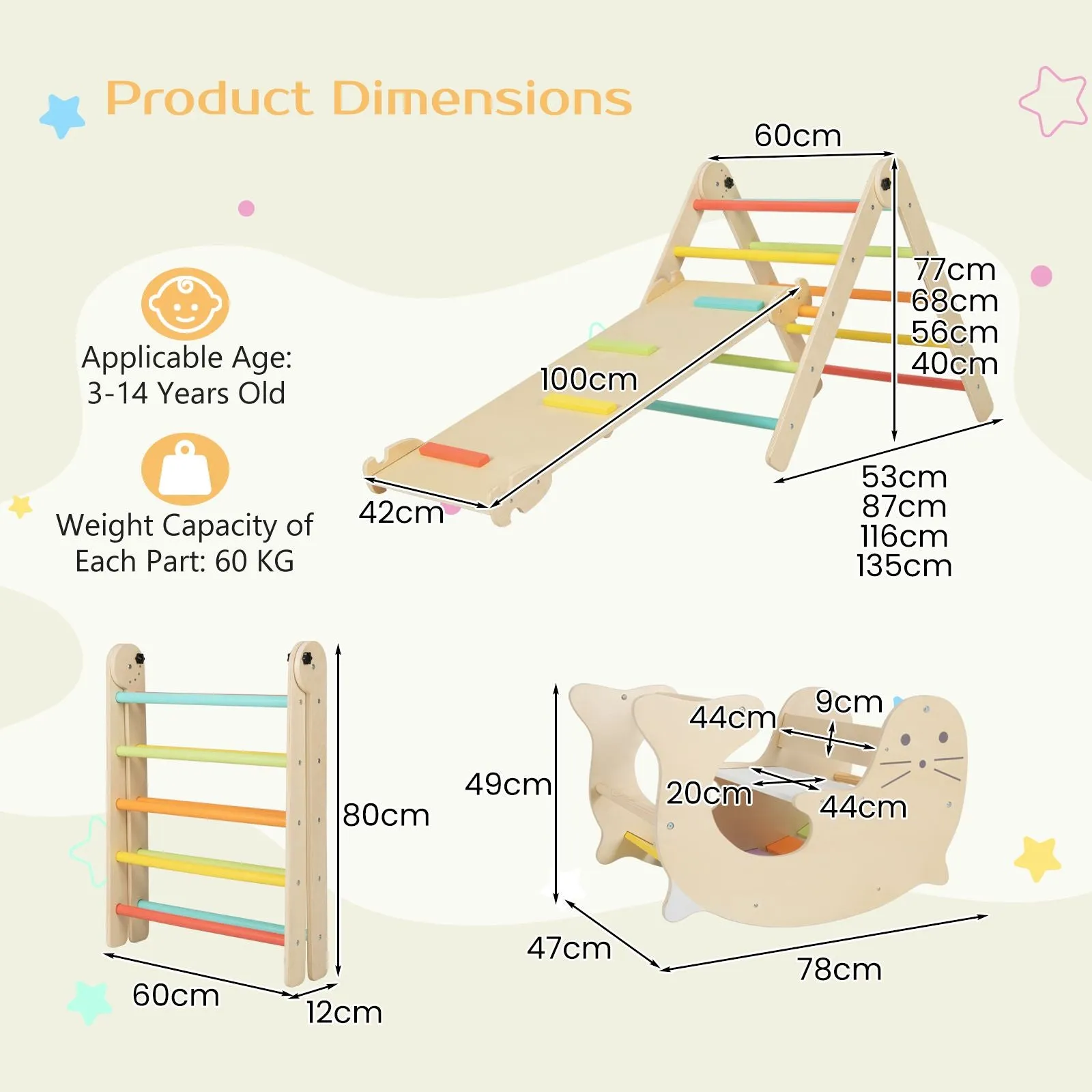 7-in-1 Indoor Eco Natural Wood Folding Montessori Climbing Frame | Pikler Triangle