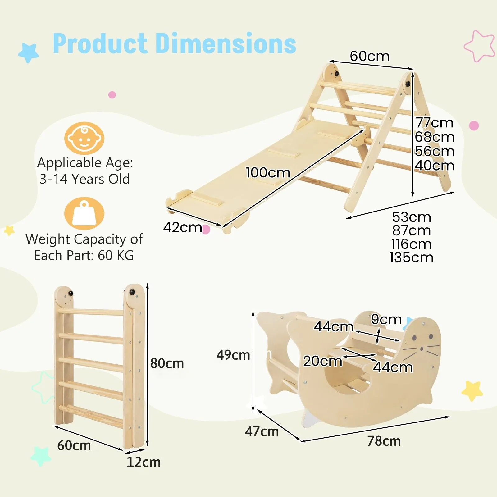 7-in-1 Indoor Eco Natural Wood Folding Montessori Climbing Frame | Pikler Triangle