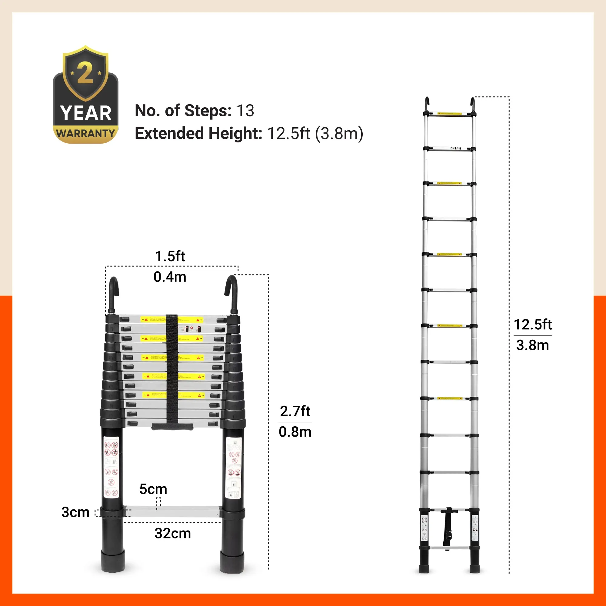 Bathla 12.5 ft Aluminium Telescopic Ladder | 2-Year Manufacturer Warranty | Portable & Compact | Made in India (13 Step - 3.8 mtr)