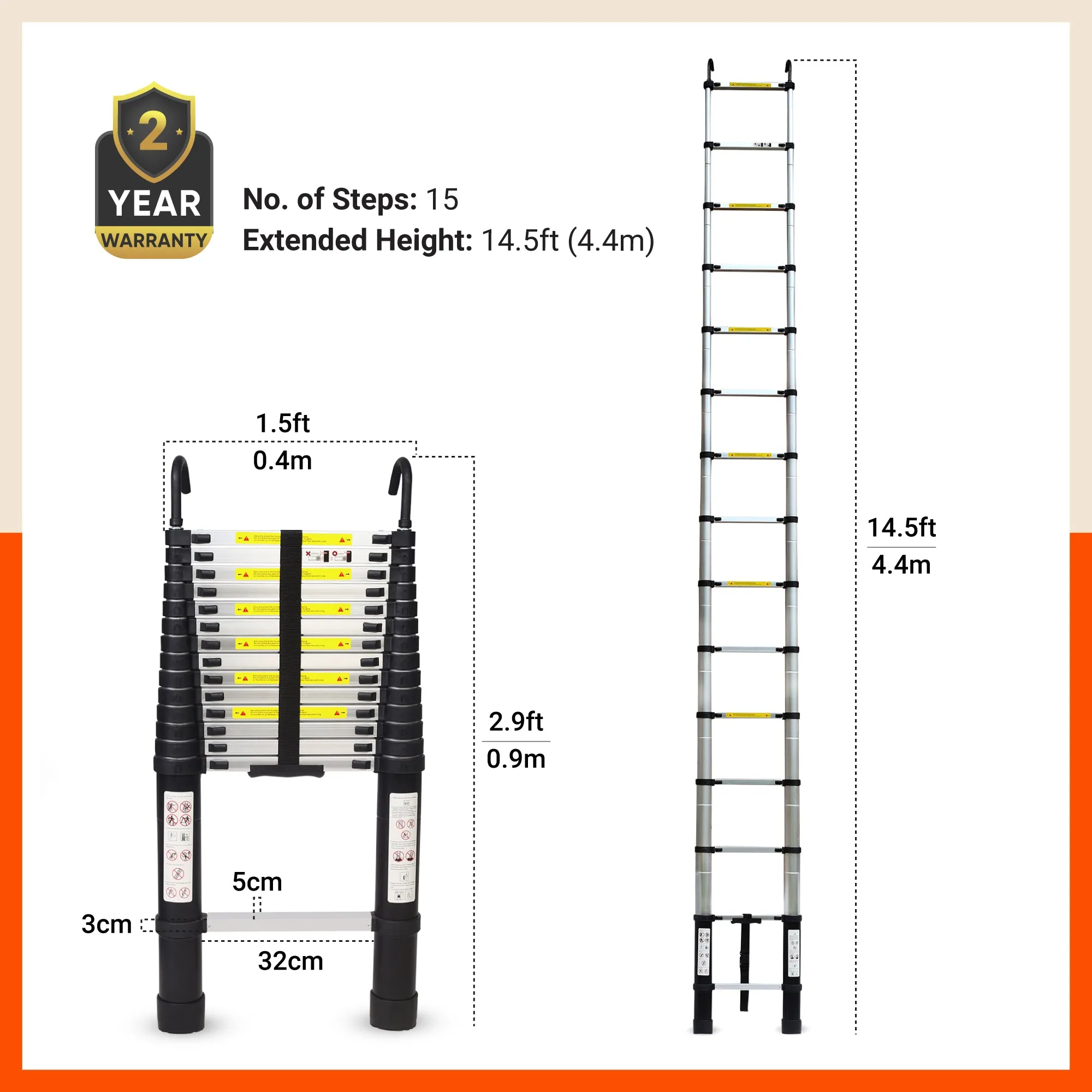 Bathla 14.5ft Aluminium Telescopic Ladder | 2-Year Manufacturer Warranty | Portable & Compact | Made in India (15 Step - 4.4 mtr)