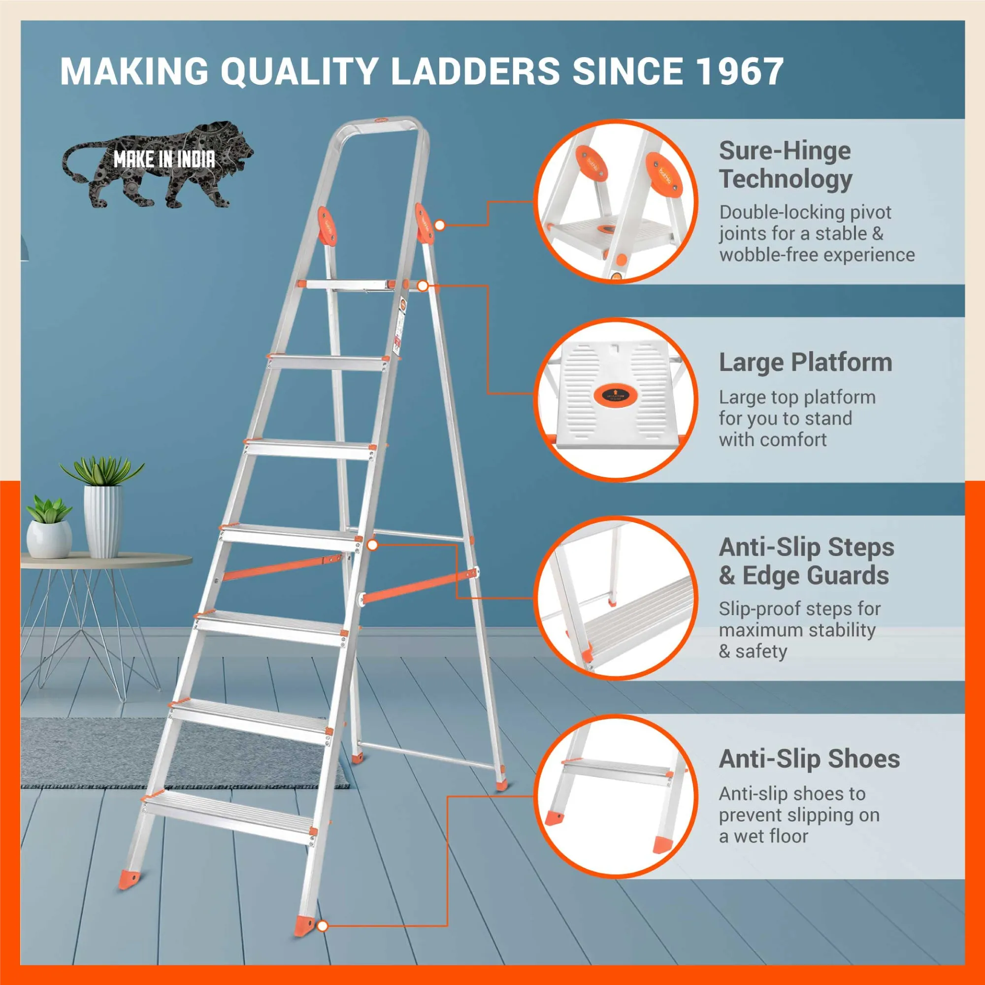 Bathla Advance 7-Step Foldable Aluminium Ladder For Home (Orange)