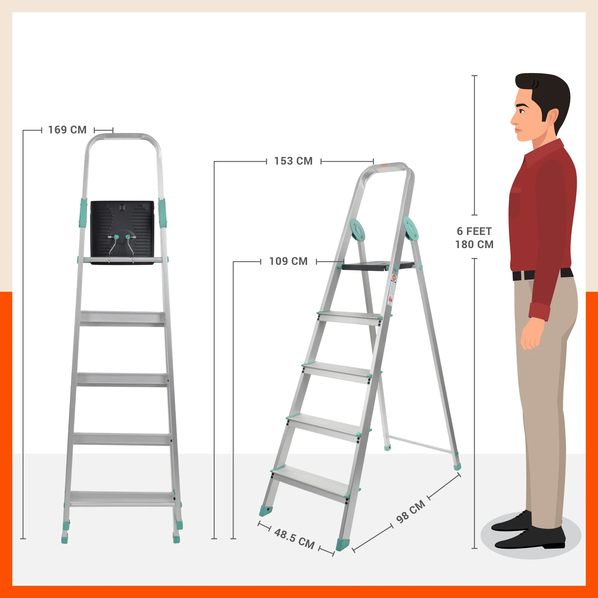 Bathla Advance Carbon - 5 Step Foldable Aluminium Ladder For Home (Teal)