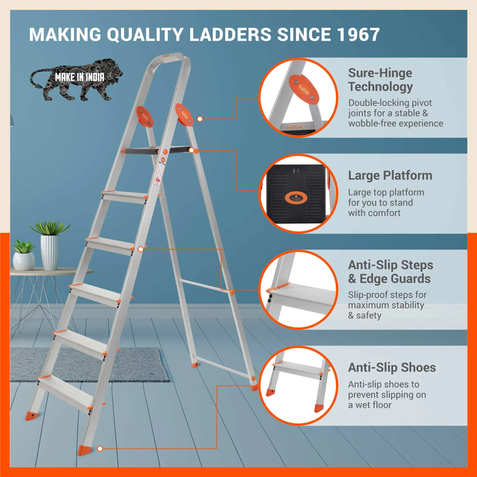 Bathla Advance Carbon - 6 Step Foldable Aluminium Ladder For Home (Orange)