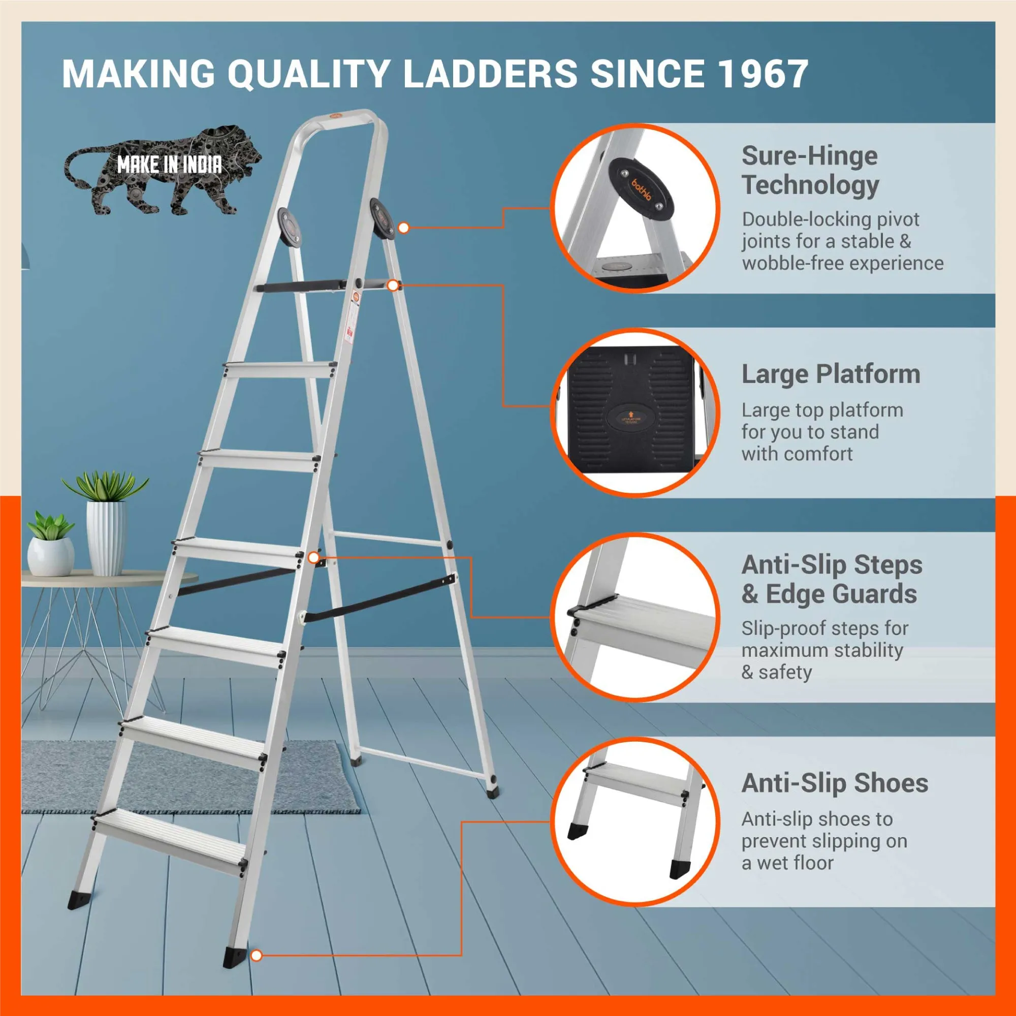 Bathla Advance Carbon - 7 Step Foldable Aluminium Ladder For Home (Black)