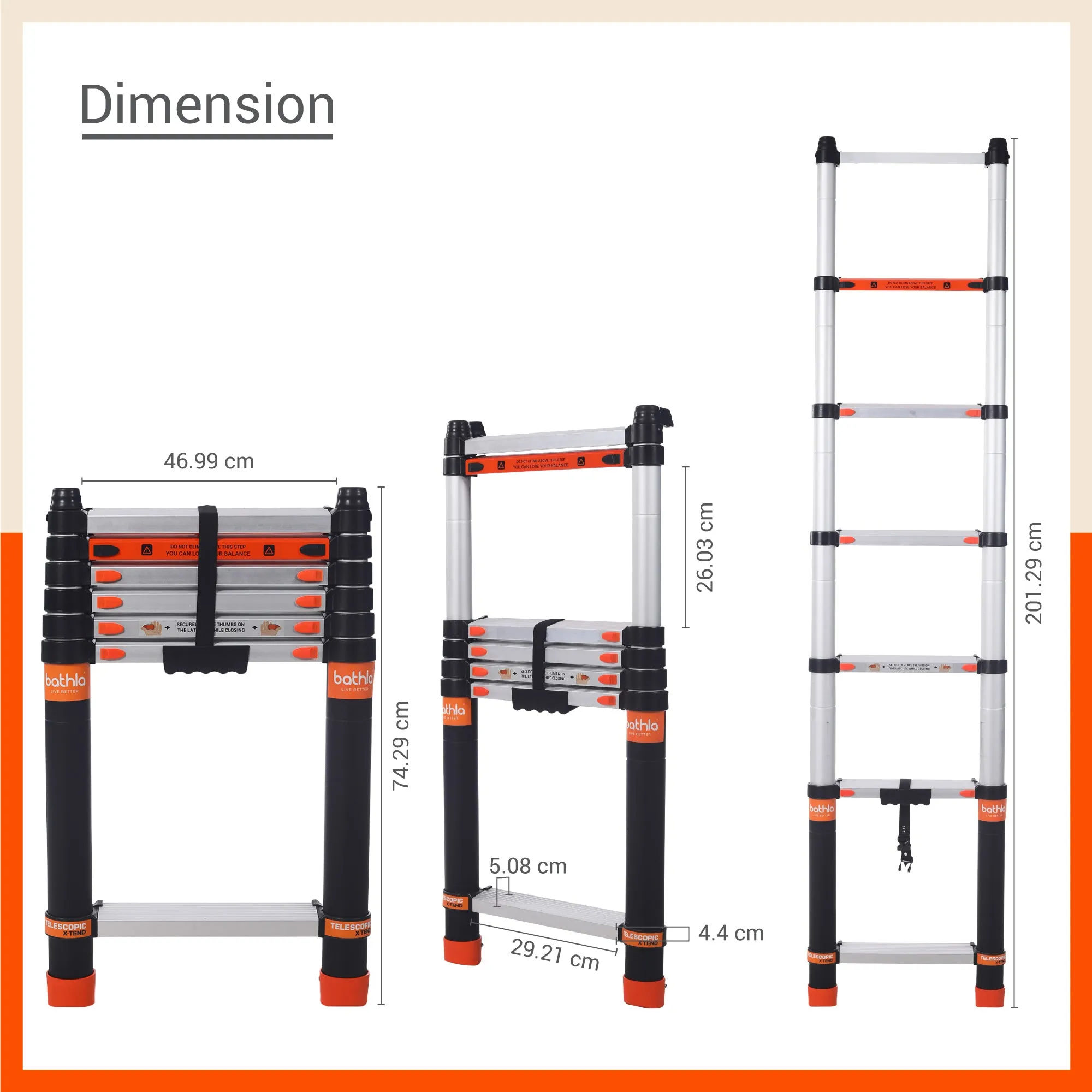Bathla X-TEND 6.5 ft Aluminium Telescopic Ladder | Made in India (7 Step - 2 Mtr)