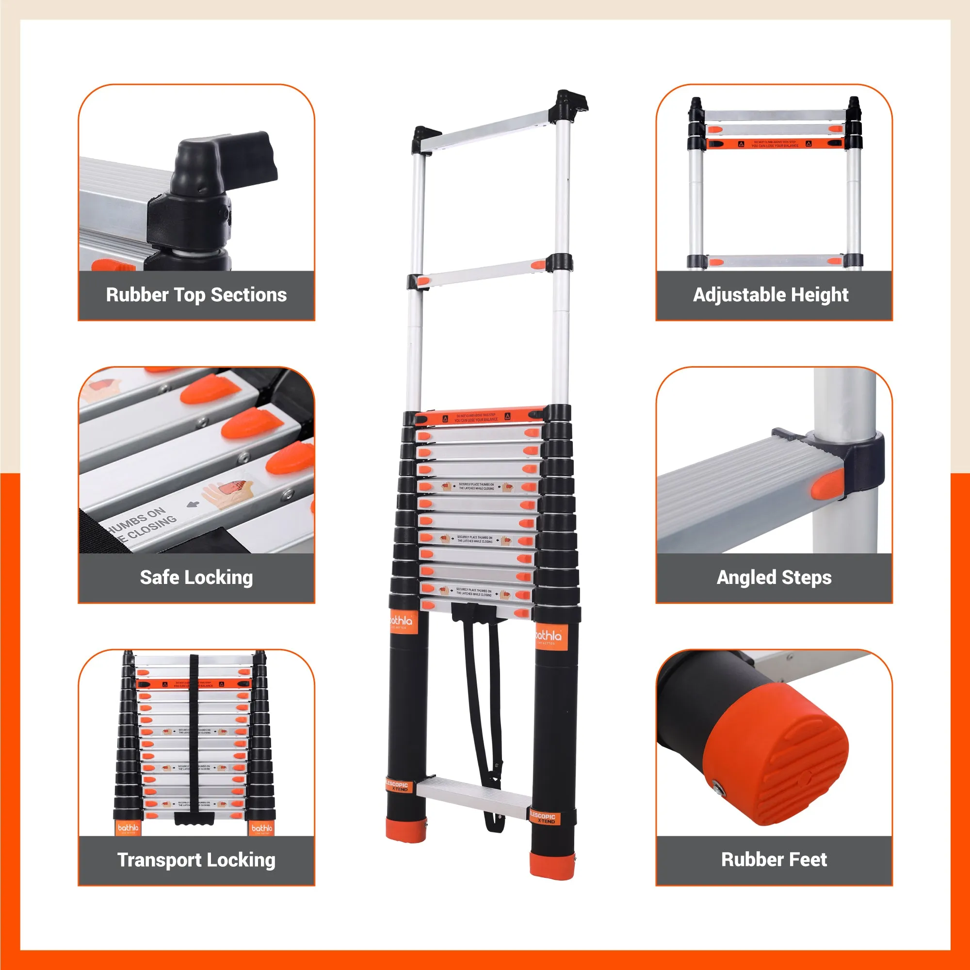 Bathla X-TEND 8.5 ft Aluminium Telescopic Ladder | Made in India (9 Step - 2.6 Mtr)
