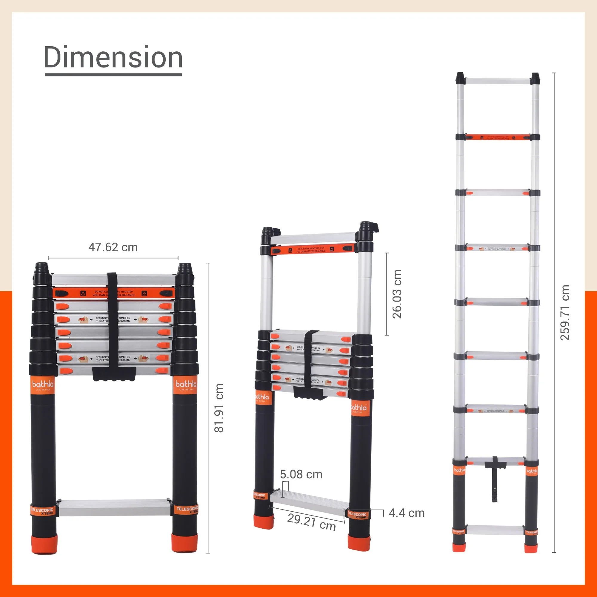 Bathla X-TEND 8.5 ft Aluminium Telescopic Ladder | Made in India (9 Step - 2.6 Mtr)