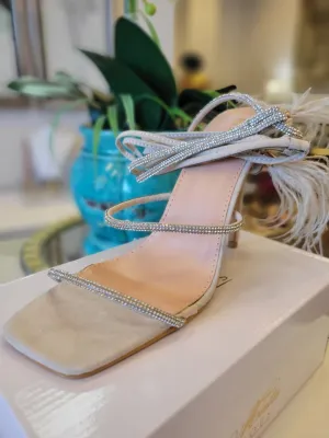 BEIGE ANKLE WRAP HEELS WITH FEATHERS