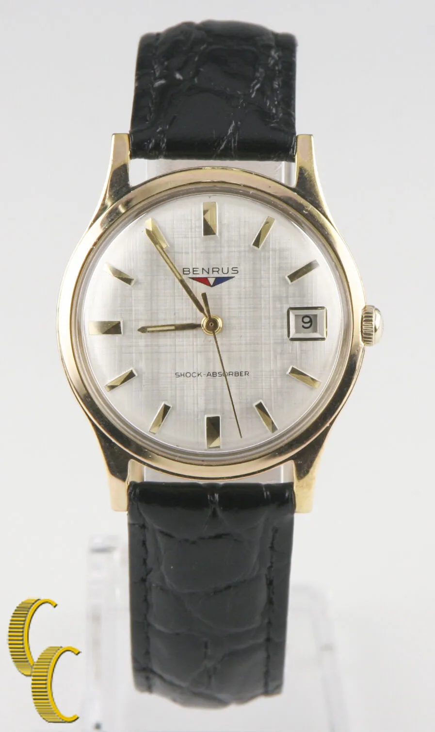 Benrus Gold-Plated Shock Absorber  Watch w/ Date Leather Band Gift for Him!