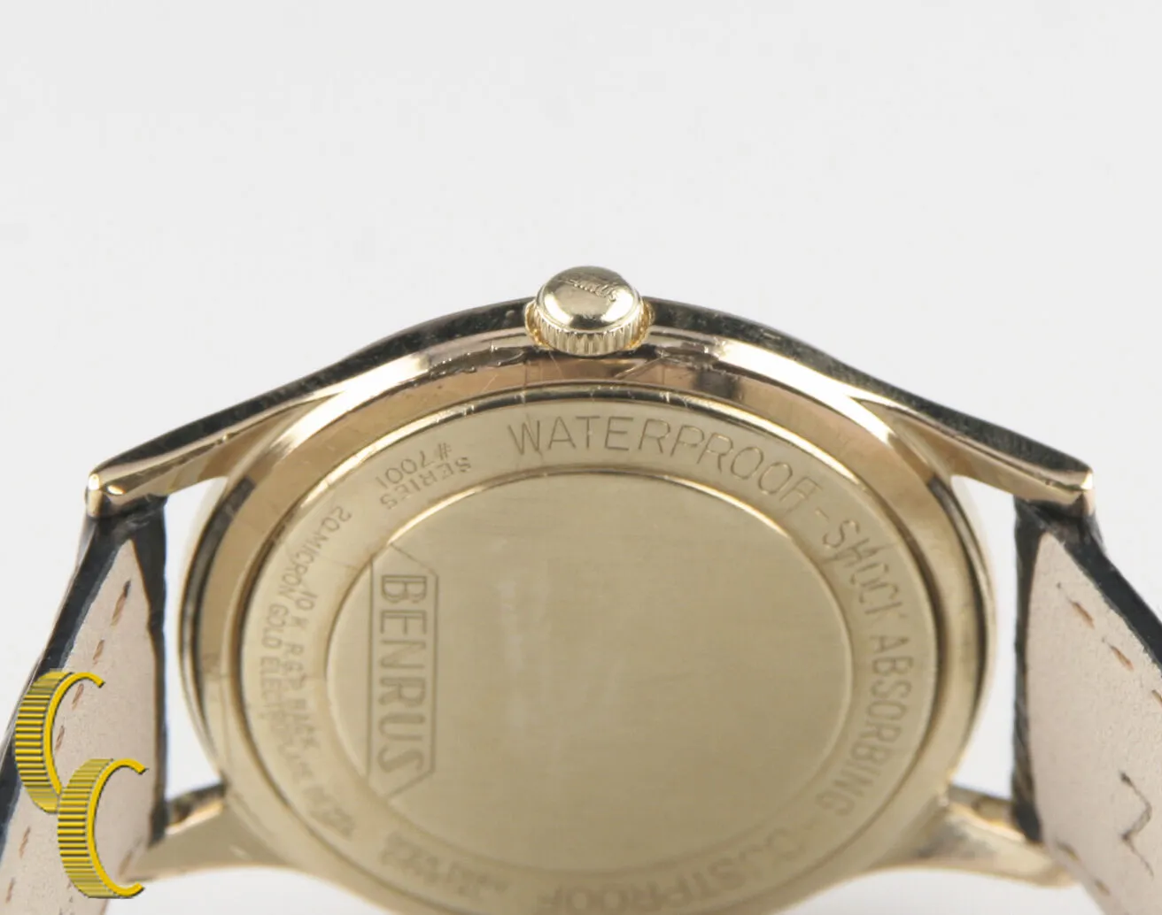 Benrus Gold-Plated Shock Absorber  Watch w/ Date Leather Band Gift for Him!