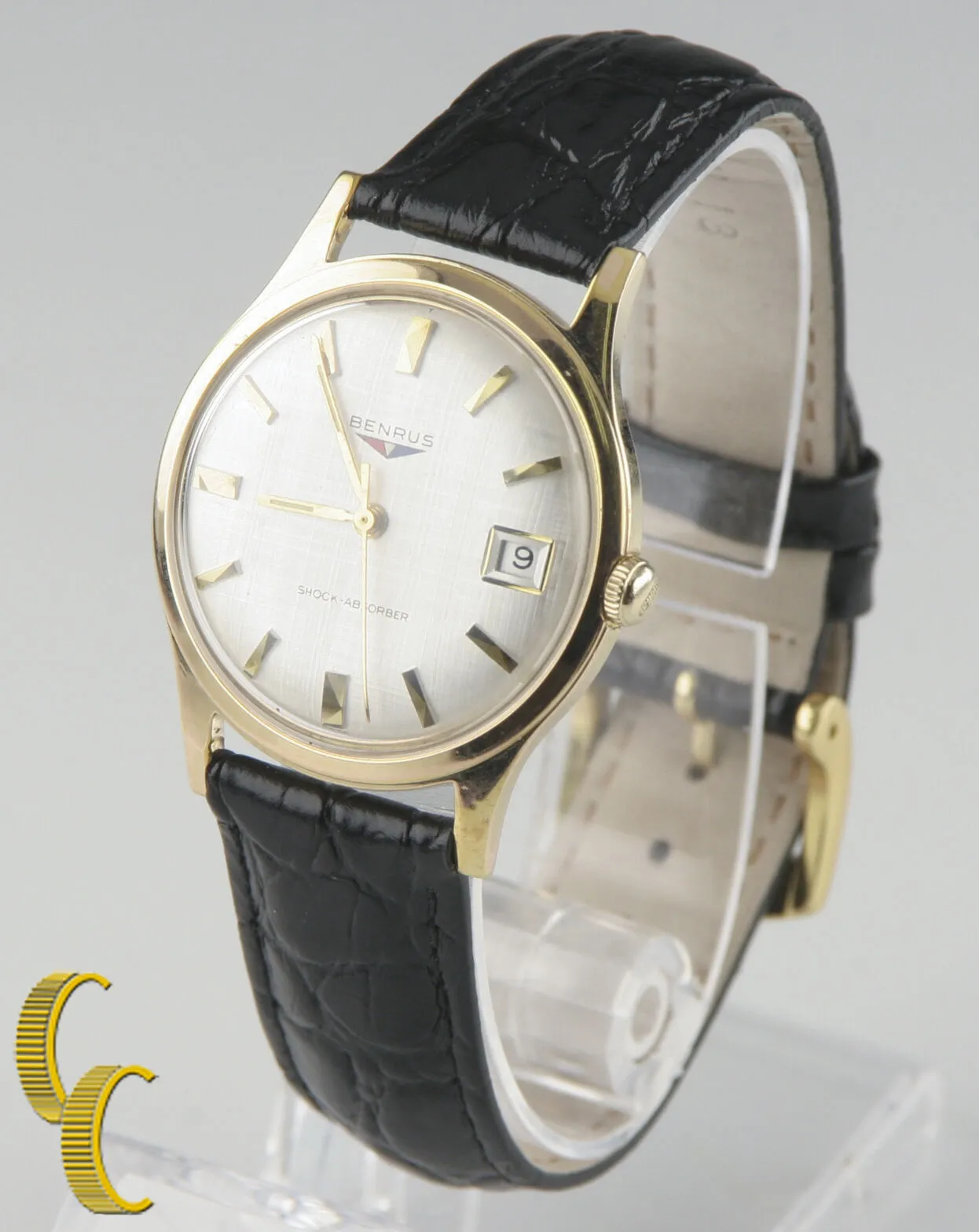 Benrus Gold-Plated Shock Absorber  Watch w/ Date Leather Band Gift for Him!