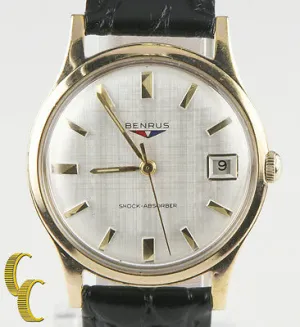 Benrus Gold-Plated Shock Absorber  Watch w/ Date Leather Band Gift for Him!