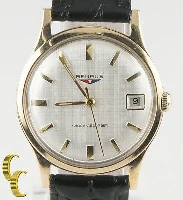 Benrus Gold-Plated Shock Absorber  Watch w/ Date Leather Band Gift for Him!