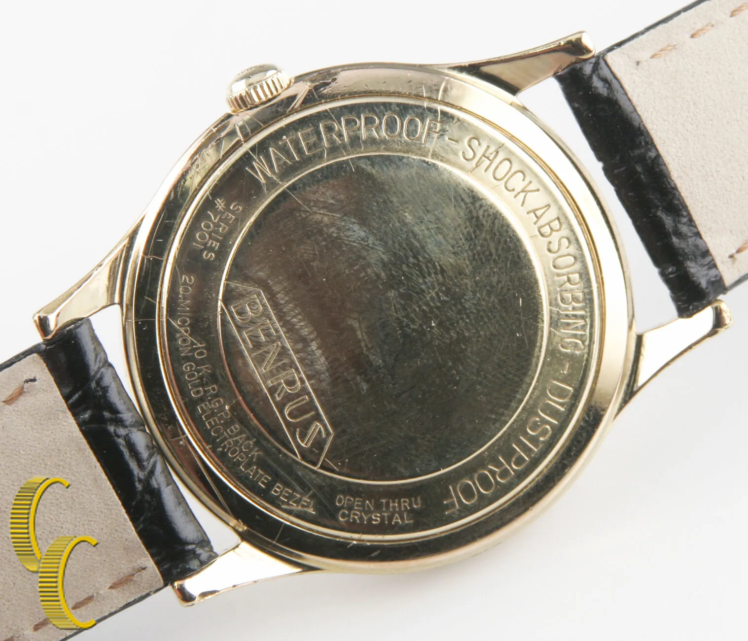 Benrus Gold-Plated Shock Absorber  Watch w/ Date Leather Band Gift for Him!