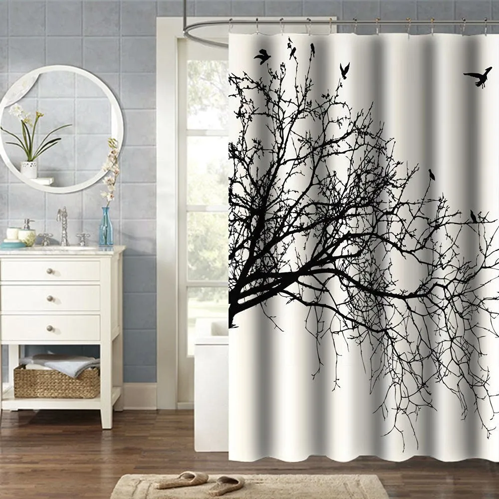 Birds in Tree Black White Shower Curtain in Polyester Fabric