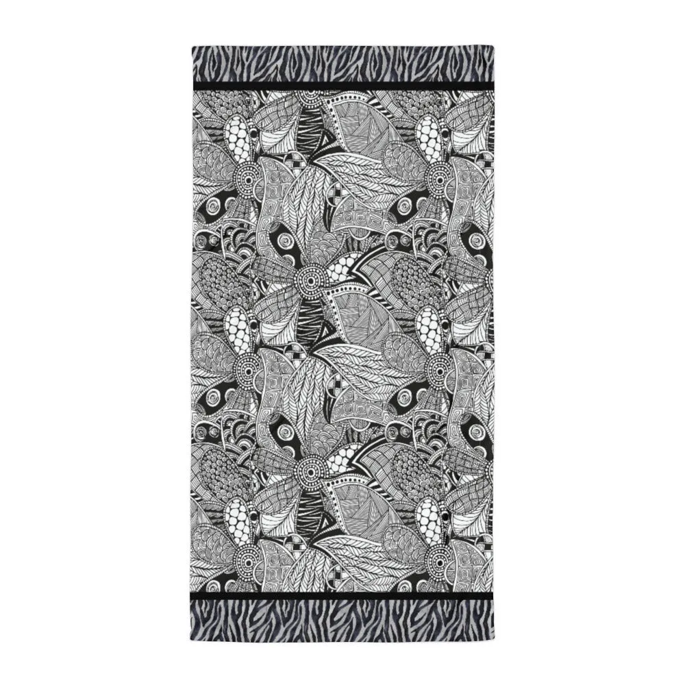 Black Doodles and Zebra - Beach Towel