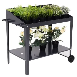 Black Metal Garden Potting Bench with Wheels
