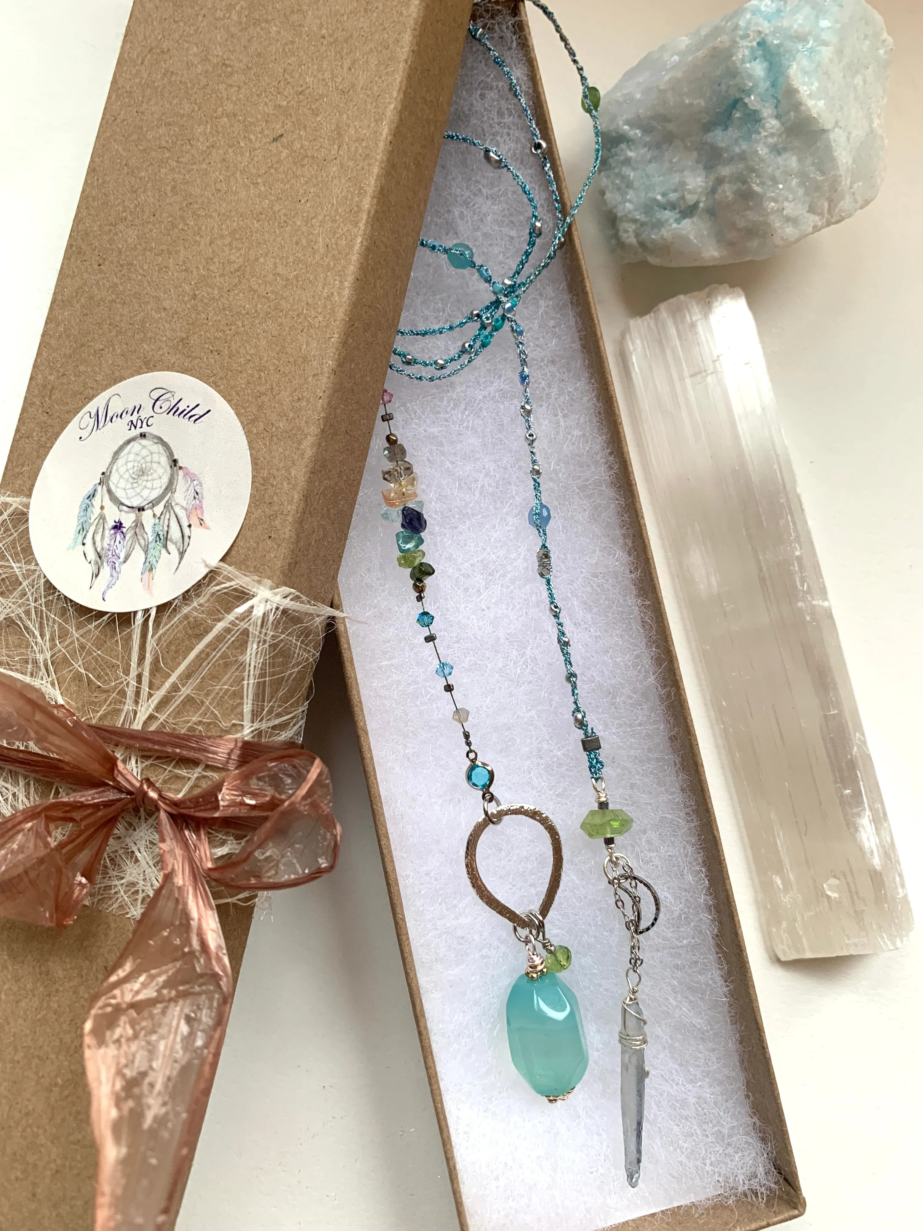 Blue Chalcedony 7Chakras Lariat with Quartz
