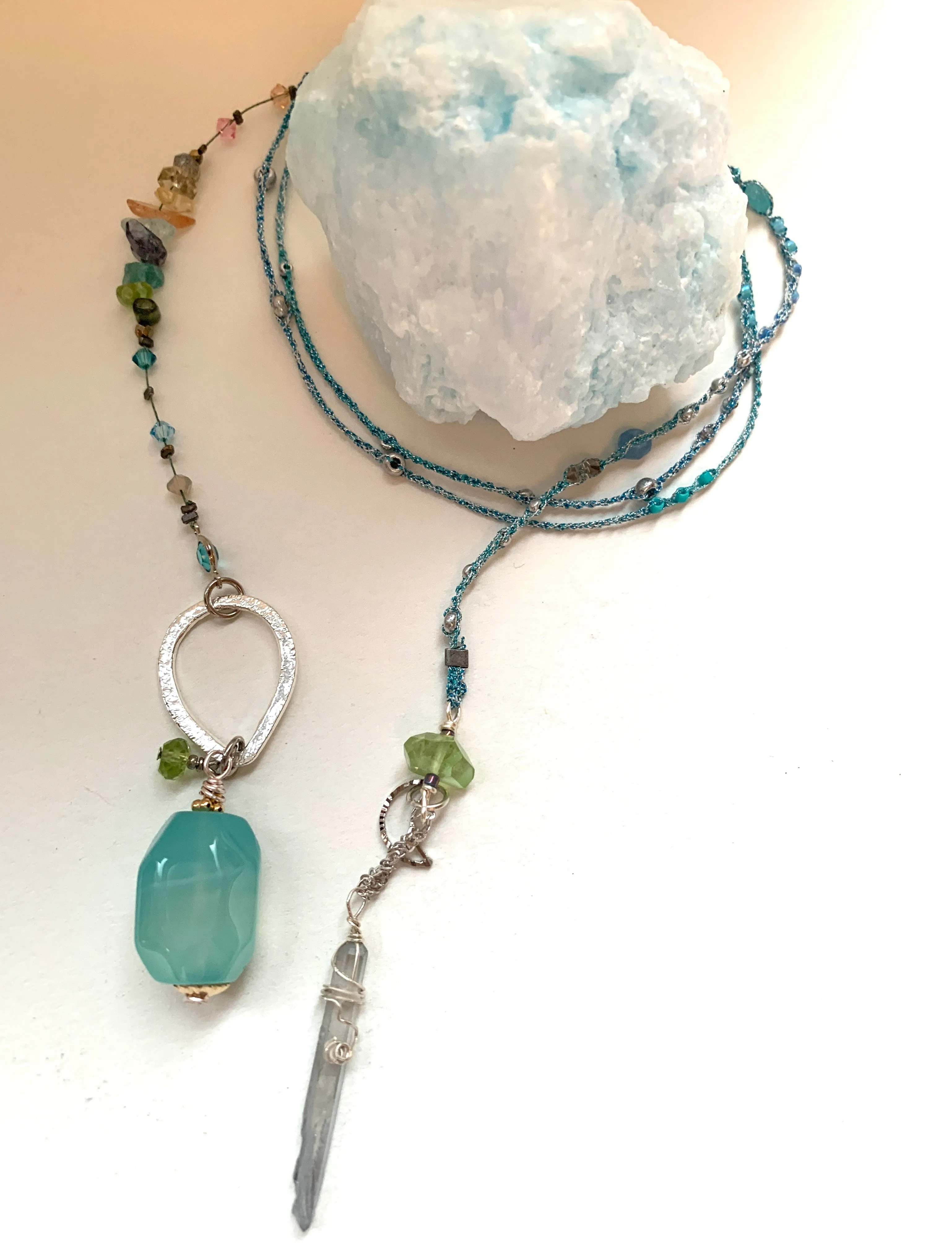Blue Chalcedony 7Chakras Lariat with Quartz