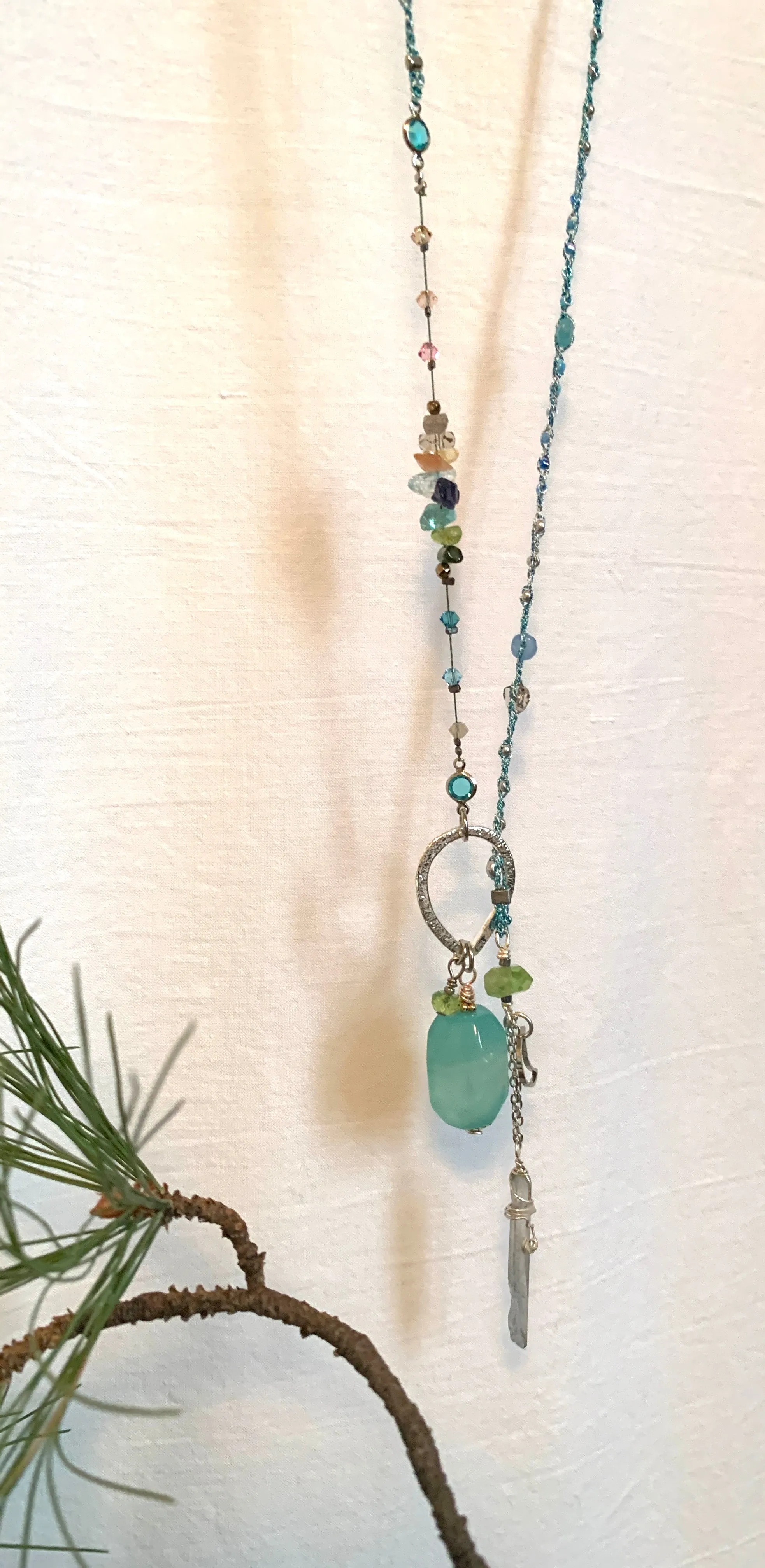 Blue Chalcedony 7Chakras Lariat with Quartz