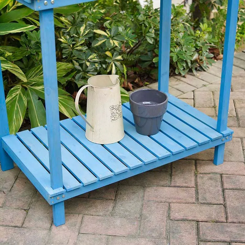 Blue Wood Potting Bench with Garden Tool Hanging Trellis and Slatted Shelf