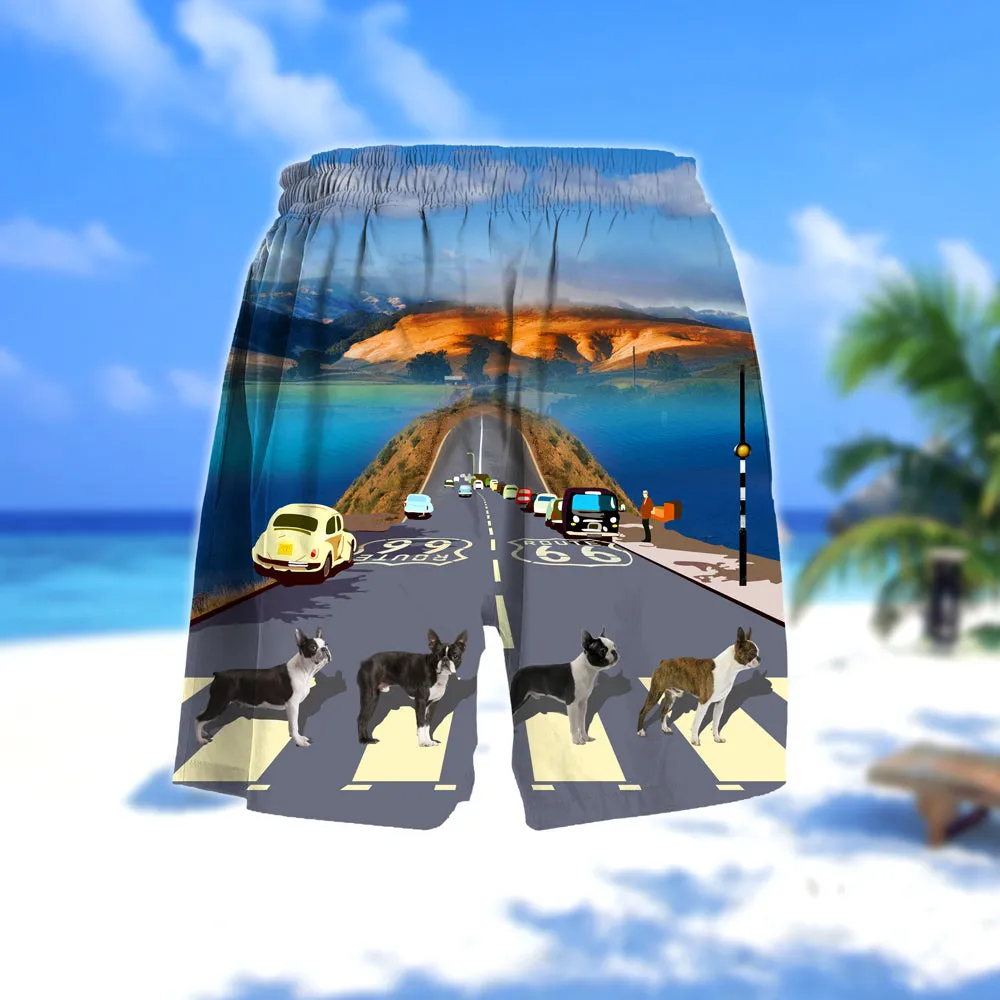 Boston terrier Cross the road- Men Hawaii Beach Shorts