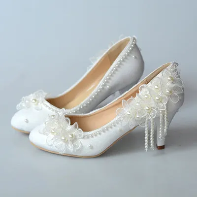 Bridesmaid shoes wedding dress lace white sweet flower tassel female womens shoes 6cm 8cm 11cm 14cm high heel Big size 43