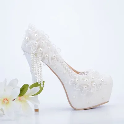 Bridesmaid shoes wedding dress lace white sweet flower tassel female womens shoes 6cm 8cm 11cm 14cm high heel Big size 43