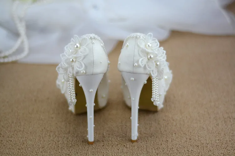 Bridesmaid shoes wedding dress lace white sweet flower tassel female womens shoes 6cm 8cm 11cm 14cm high heel Big size 43