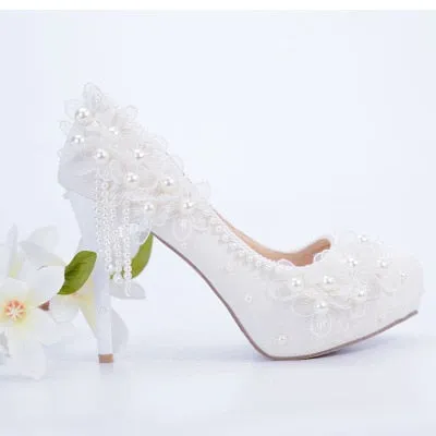 Bridesmaid shoes wedding dress lace white sweet flower tassel female womens shoes 6cm 8cm 11cm 14cm high heel Big size 43