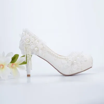Bridesmaid shoes wedding dress lace white sweet flower tassel female womens shoes 6cm 8cm 11cm 14cm high heel Big size 43