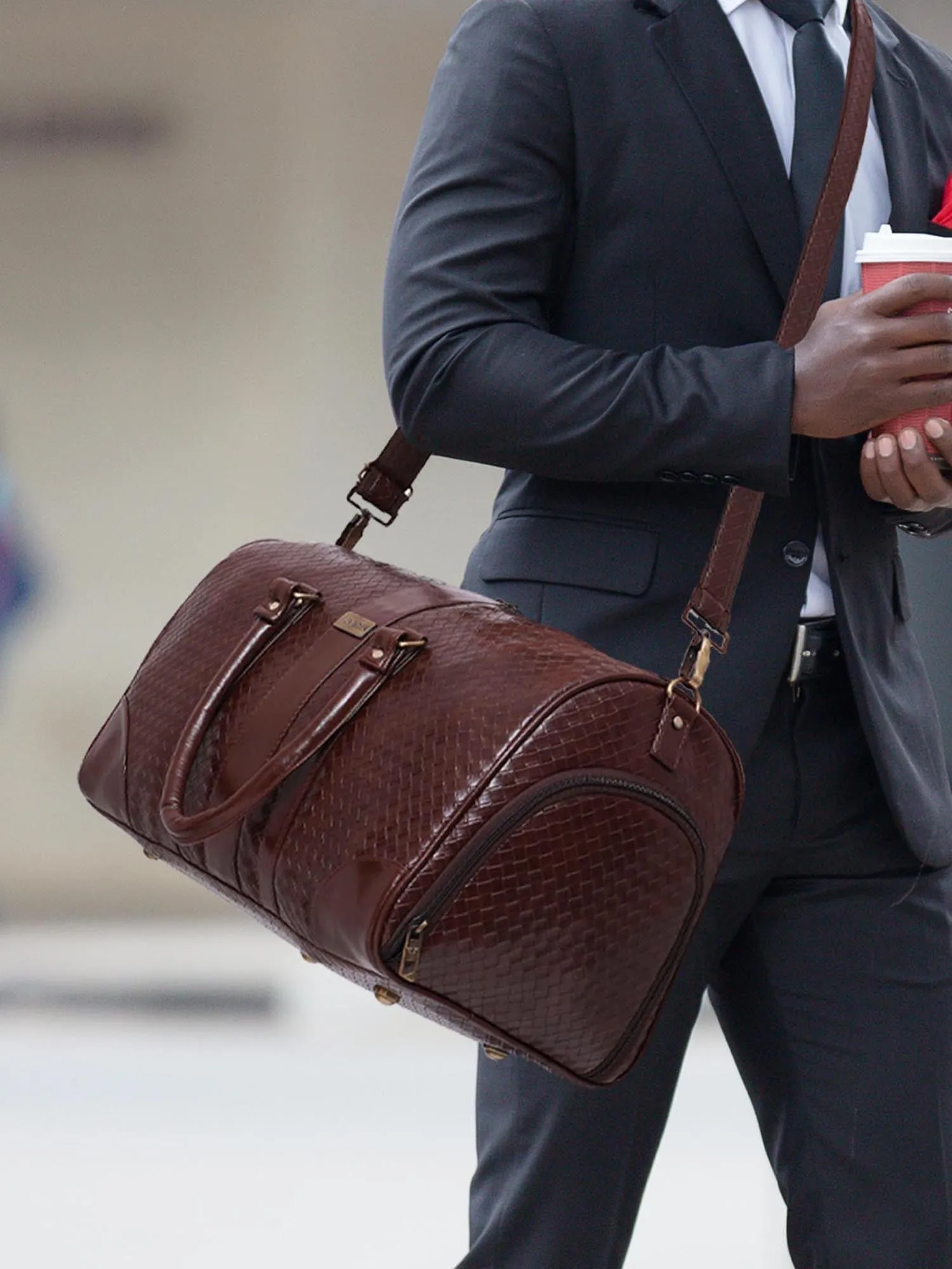 Brown Textured Travel Duffle Bag With Shoe Pocket