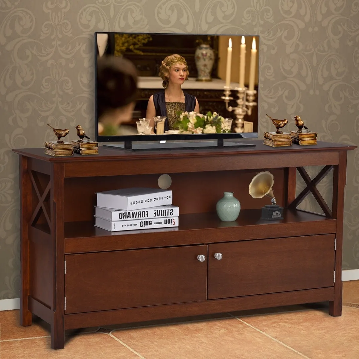 Brown Wood 44-inch Entertainment Center TV Stand Cabinet with Storage