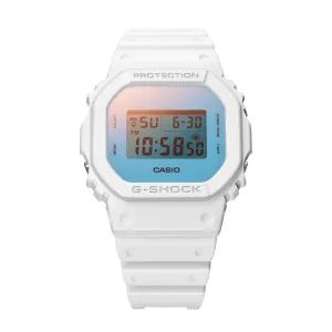Casio G Shock Dig Beach Time Lapse Stopwatch Alarm 200M Water Resistant Blue/Pink Face White Resin Band DW5600TL-7D