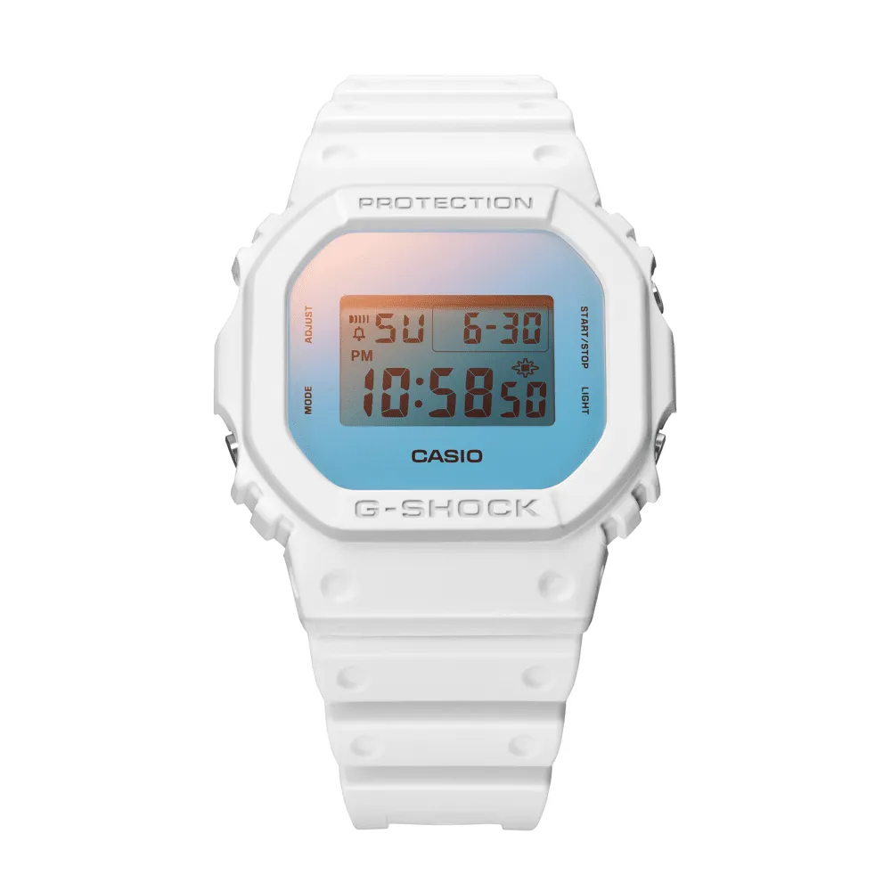 Casio G Shock Dig Beach Time Lapse Stopwatch Alarm 200M Water Resistant Blue/Pink Face White Resin Band DW5600TL-7D
