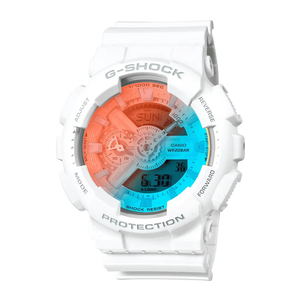 Casio G Shock Duo Beach Time Lapse Stopwatch World Time Alarm 200M Water Resistant Blue/Pink Face White Resin Band GA110TL-7A
