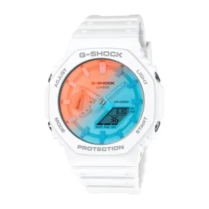 Casio G Shock Duo Beach Time Lapses Stopwatch World Time Alarm 200M Water Resistant Blue/Pink Face White Resin Band GA2100TL-7A