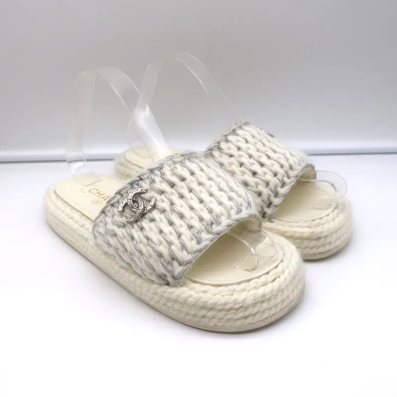 Chanel 22C Braided Knit Slides Cream/Silver Size 37C Flatform Sandals