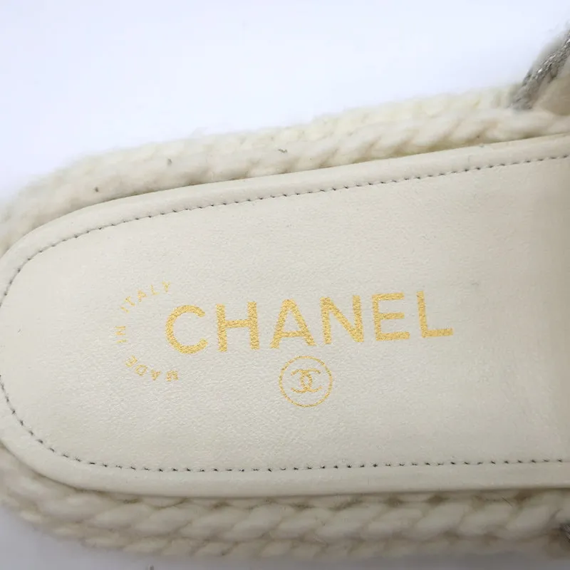 Chanel 22C Braided Knit Slides Cream/Silver Size 37C Flatform Sandals