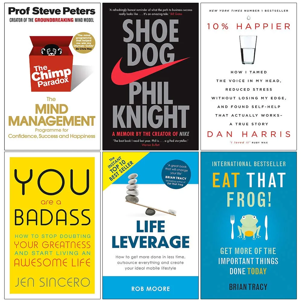 Chimp Paradox, Shoe Dog, 10% Happier, You Are a Badass, Life Leverage, Eat That Frog 6 Books Collection Set