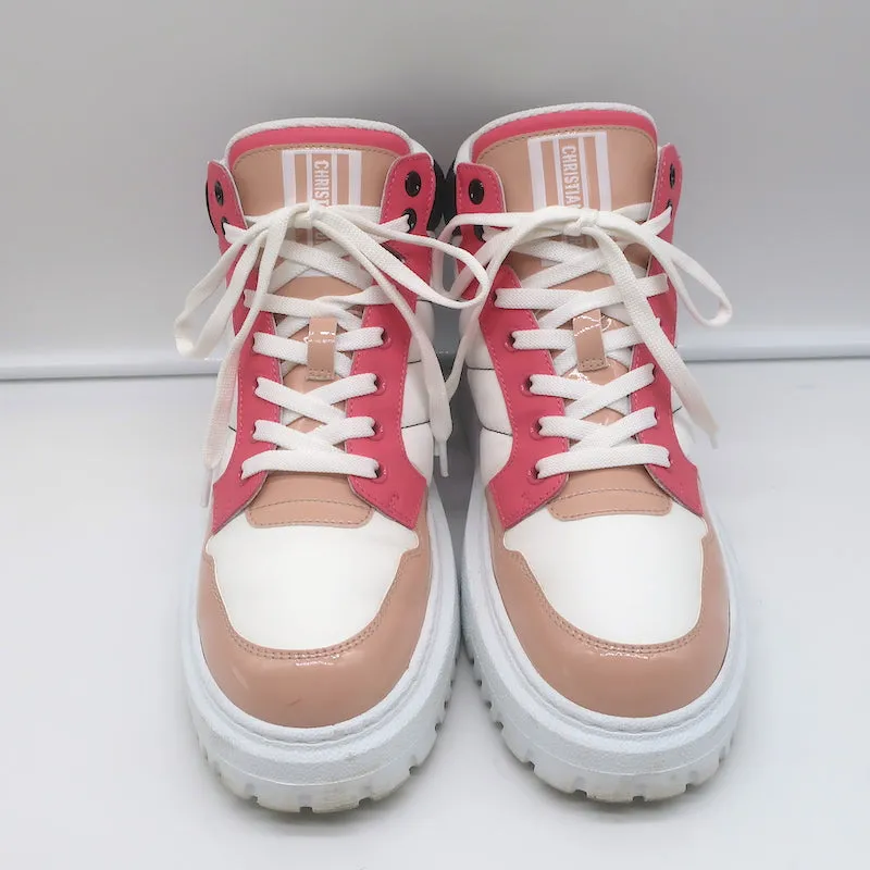 Christian Dior D-Player Sneakers White Quilted Nylon & Pink Patent Size 38