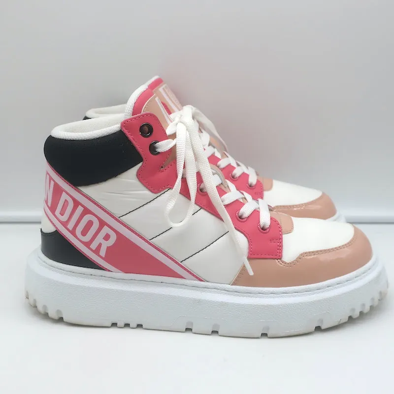 Christian Dior D-Player Sneakers White Quilted Nylon & Pink Patent Size 38