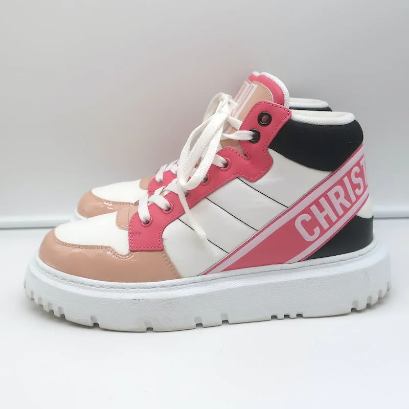 Christian Dior D-Player Sneakers White Quilted Nylon & Pink Patent Size 38